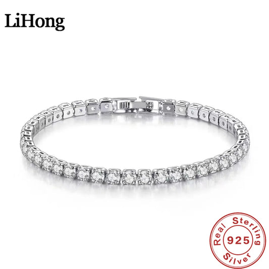 *Lihong S925 Sterling Silver Bracelet Zirconia Tennis Ball Women Fashion Simple Engagement Wedding Charm Jewelry 4mm 16-20cm