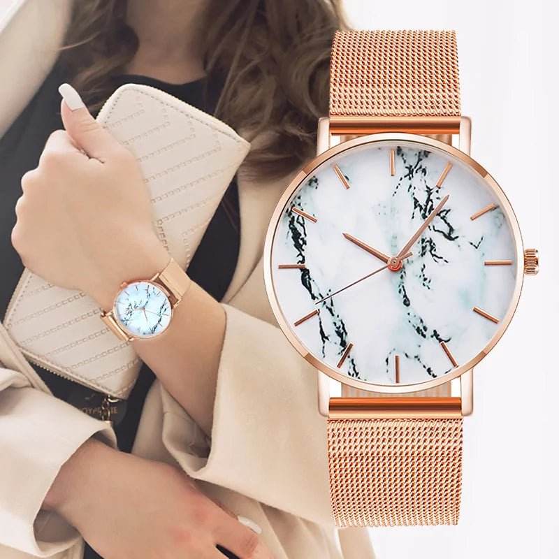 Luxury Rose Gold Mesh Band Marble Women's Wrist Watch - Gadgets and Fun Stuff